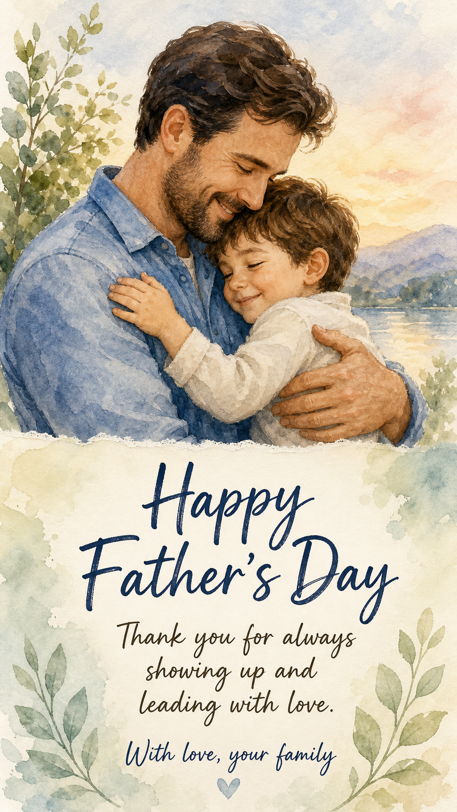 Generated Watercolor Father's Day card example with readable greeting message